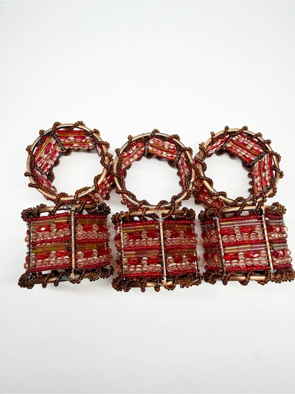 Pier 1 Copper Frame Beaded Napkin Rings Red